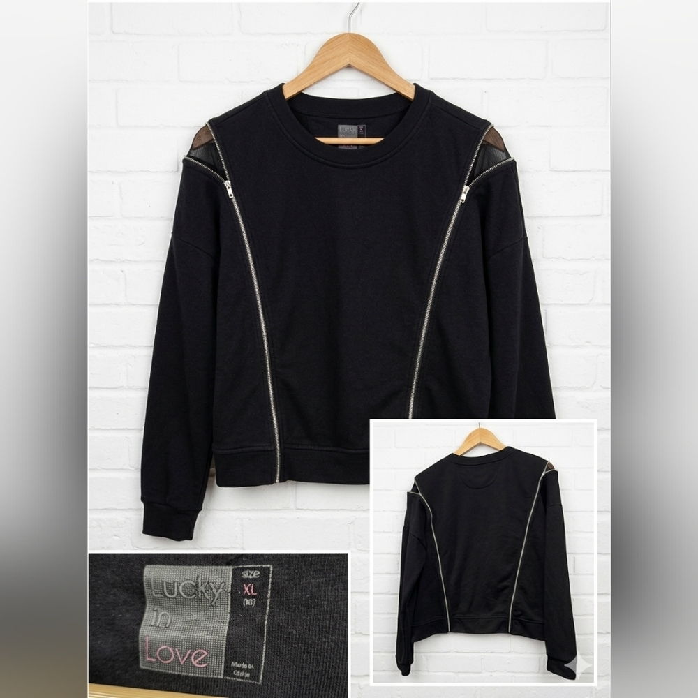 Lucky in Love Black Moto Zip Mesh Sweatshirt XL
